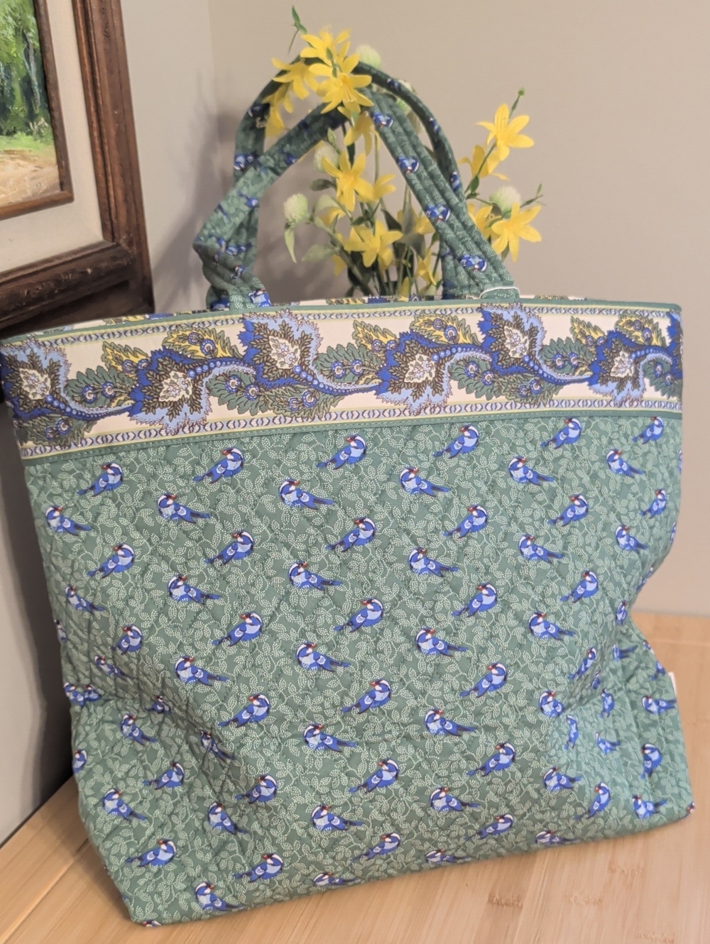 Vera Bradley Green Birds Quilted Zip Tote with Blue Bird Print and Paisley Trim